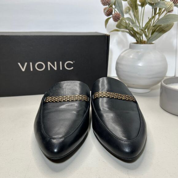 Vionic, Starling Black Leather Slip-On Flat Mule with Arch Support. Women US 9 M - Picture 4 of 14